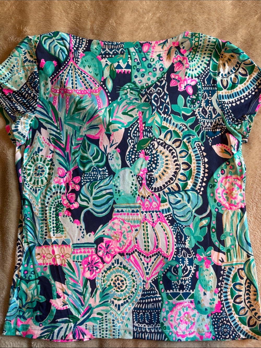 Lilly Pulitzer Navy, Pink & Teal Printed Short Sleeve Split-Neck Top - Picture 3 of 4